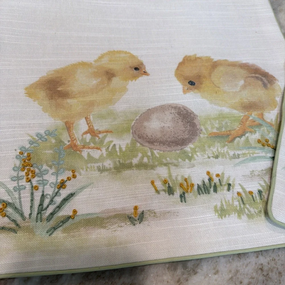Table Runner Beige Spring Chicks Yellow Green Embroidered 70